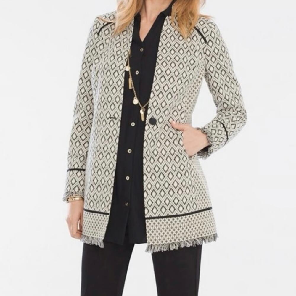 Chico’s Ivory Black Gold Jacquard Knit Fringe Blazer Jacket Size 4 (Chico’s 0)